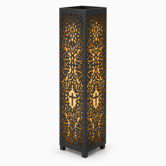 Design 094 black laser cut metal garden light tower with warm LED glow on white background