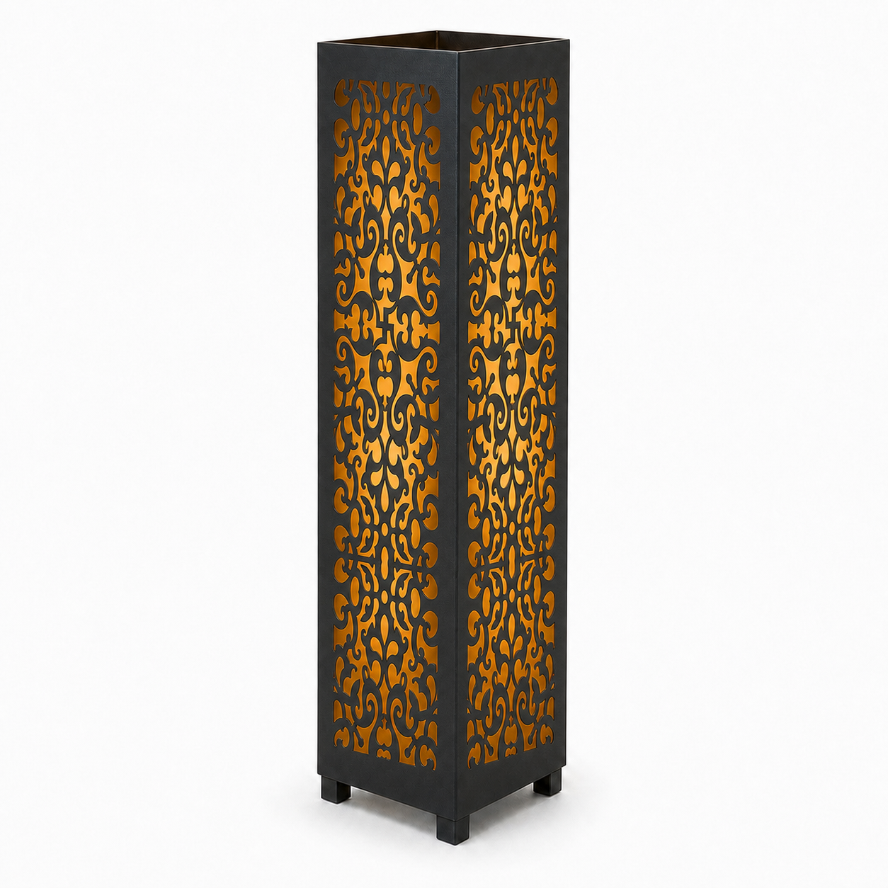 Design 095 black laser cut metal garden light tower with warm LED glow on white background