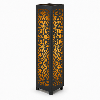 Design 095 black laser cut metal garden light tower with warm LED glow on white background