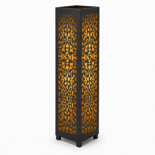 Design 095 black laser cut metal garden light tower with warm LED glow on white background