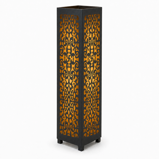 Design 095 black laser cut metal garden light tower with warm LED glow on white background