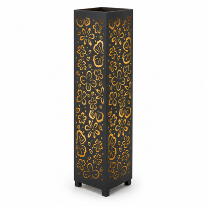 Design 096 black laser cut metal garden light tower with warm LED glow on white background