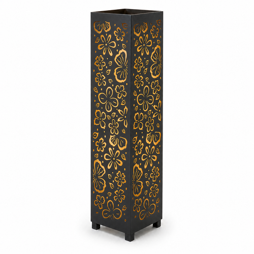 Design 096 black laser cut metal garden light tower with warm LED glow on white background