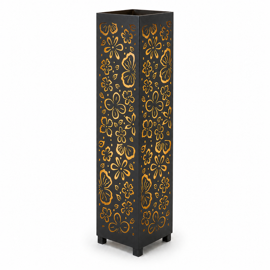Design 096 black laser cut metal garden light tower with warm LED glow on white background