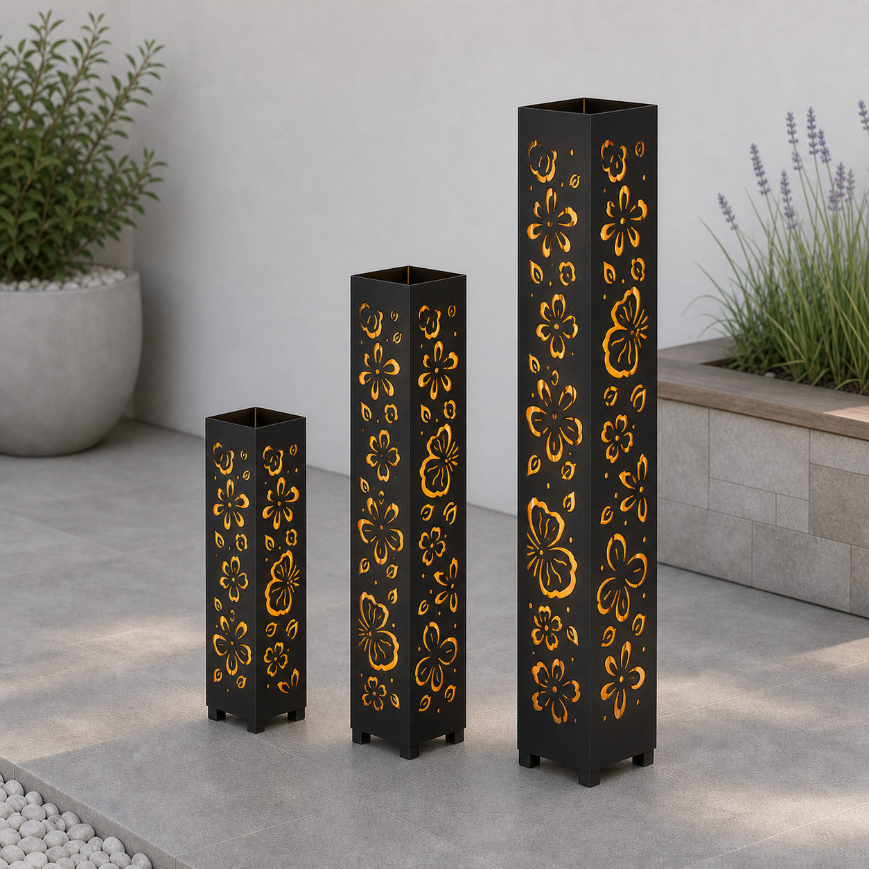 Design 096 laser cut garden light tower three size comparison