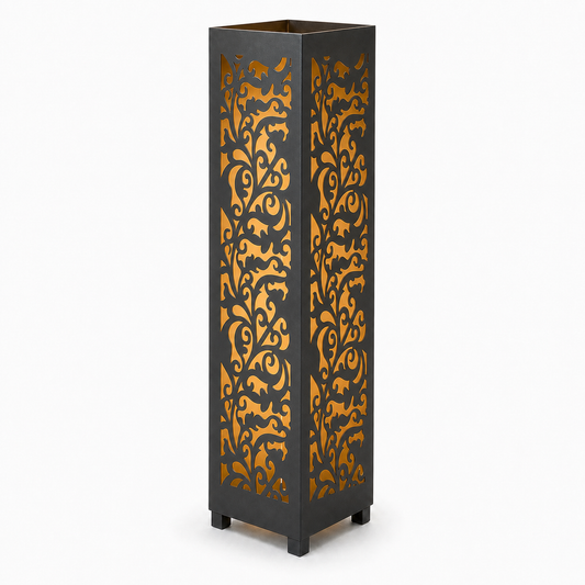 Design 097 black laser cut metal garden light tower with warm LED glow on white background