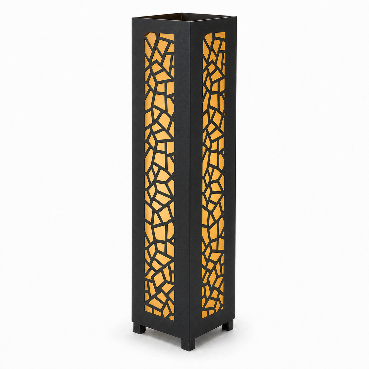 Design 098 black laser cut metal garden light tower with warm LED glow on white background