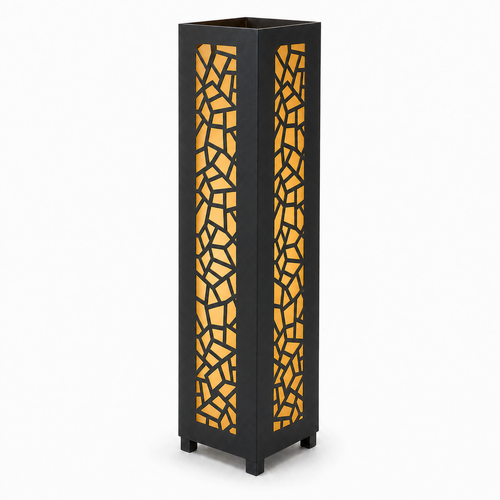 Design 098 black laser cut metal garden light tower with warm LED glow on white background