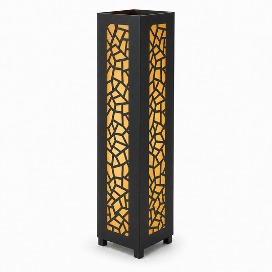 Design 098 black laser cut metal garden light tower with warm LED glow on white background