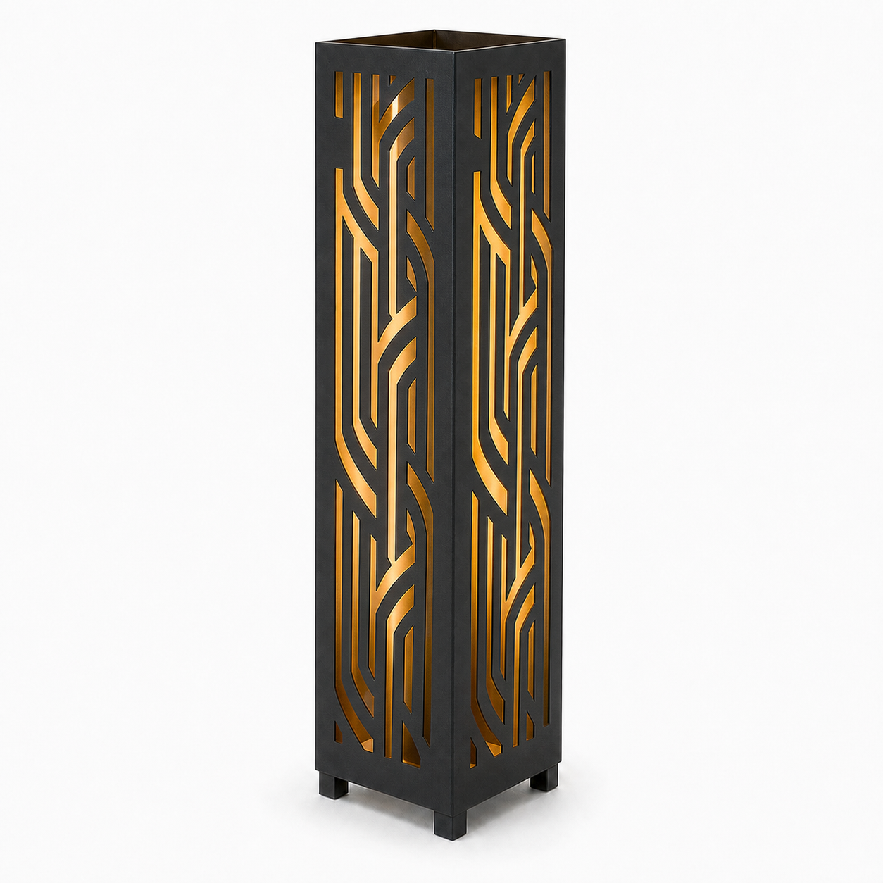 Design 099 black laser cut metal garden light tower with warm LED glow on white background
