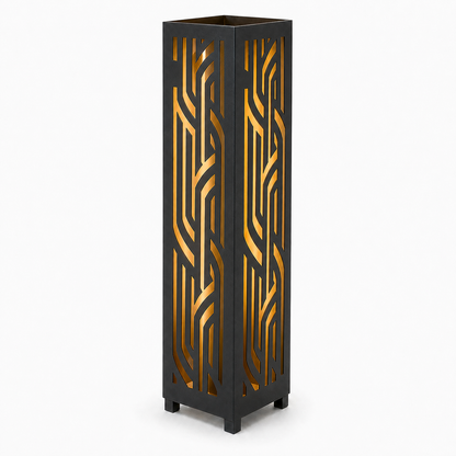 Design 099 black laser cut metal garden light tower with warm LED glow on white background