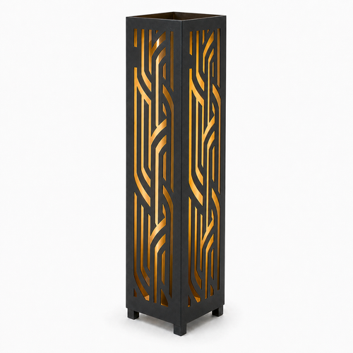 Design 099 black laser cut metal garden light tower with warm LED glow on white background