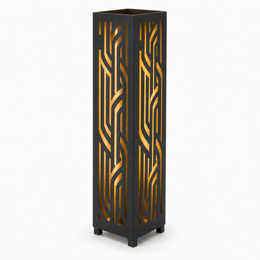 Design 099 black laser cut metal garden light tower with warm LED glow on white background