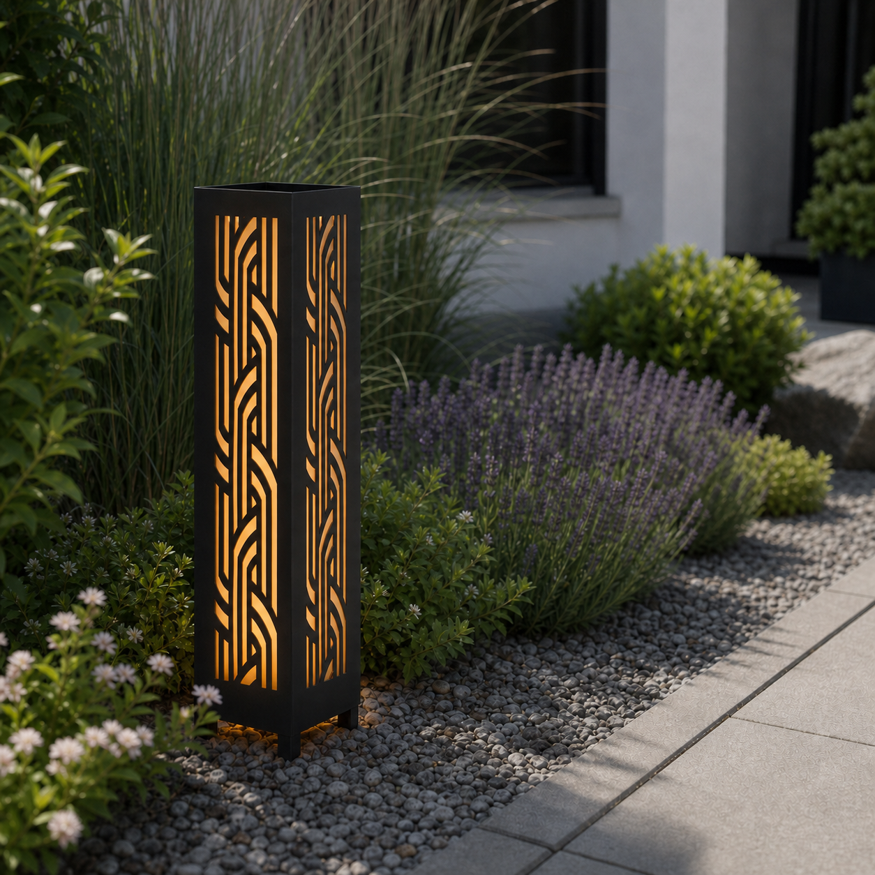 Design 099 laser cut garden light pillar installed in landscaped patio during daytime