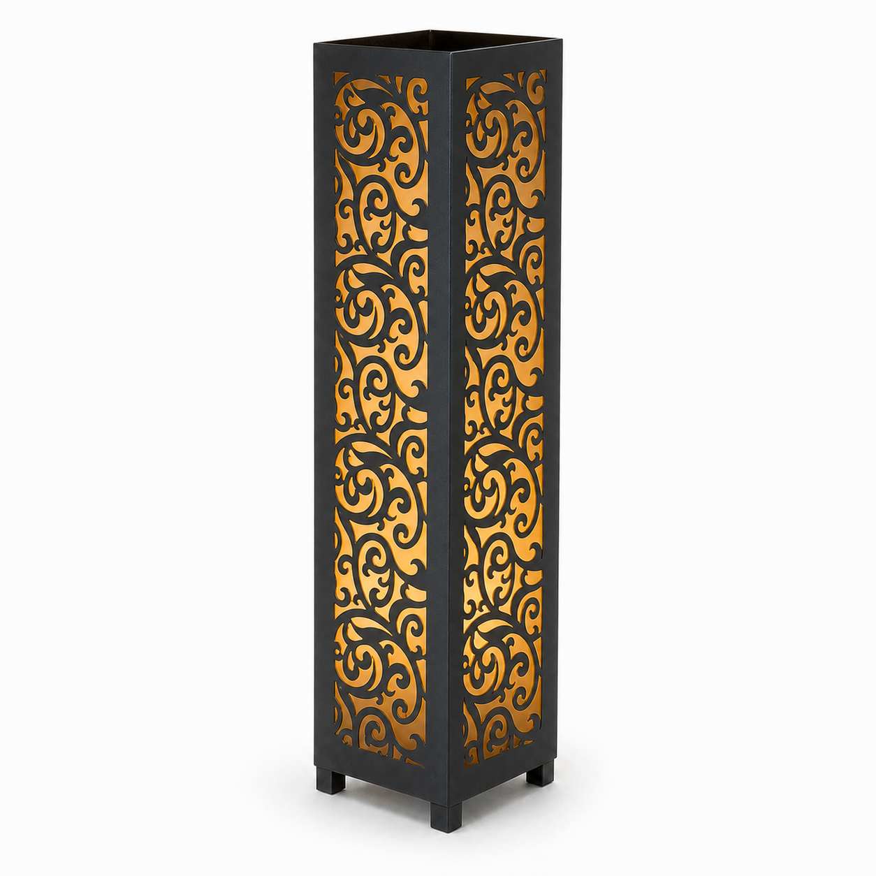 Design 100 black laser cut metal garden light tower with warm LED glow on white background