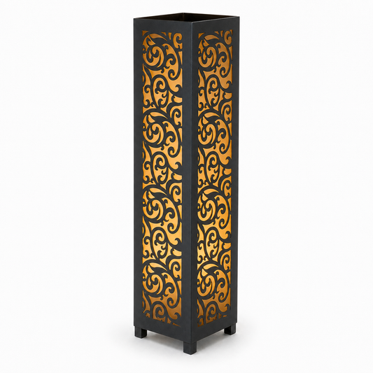 Design 100 black laser cut metal garden light tower with warm LED glow on white background