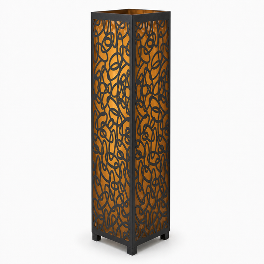 Design 102 black laser cut metal garden light tower with warm LED glow on white background