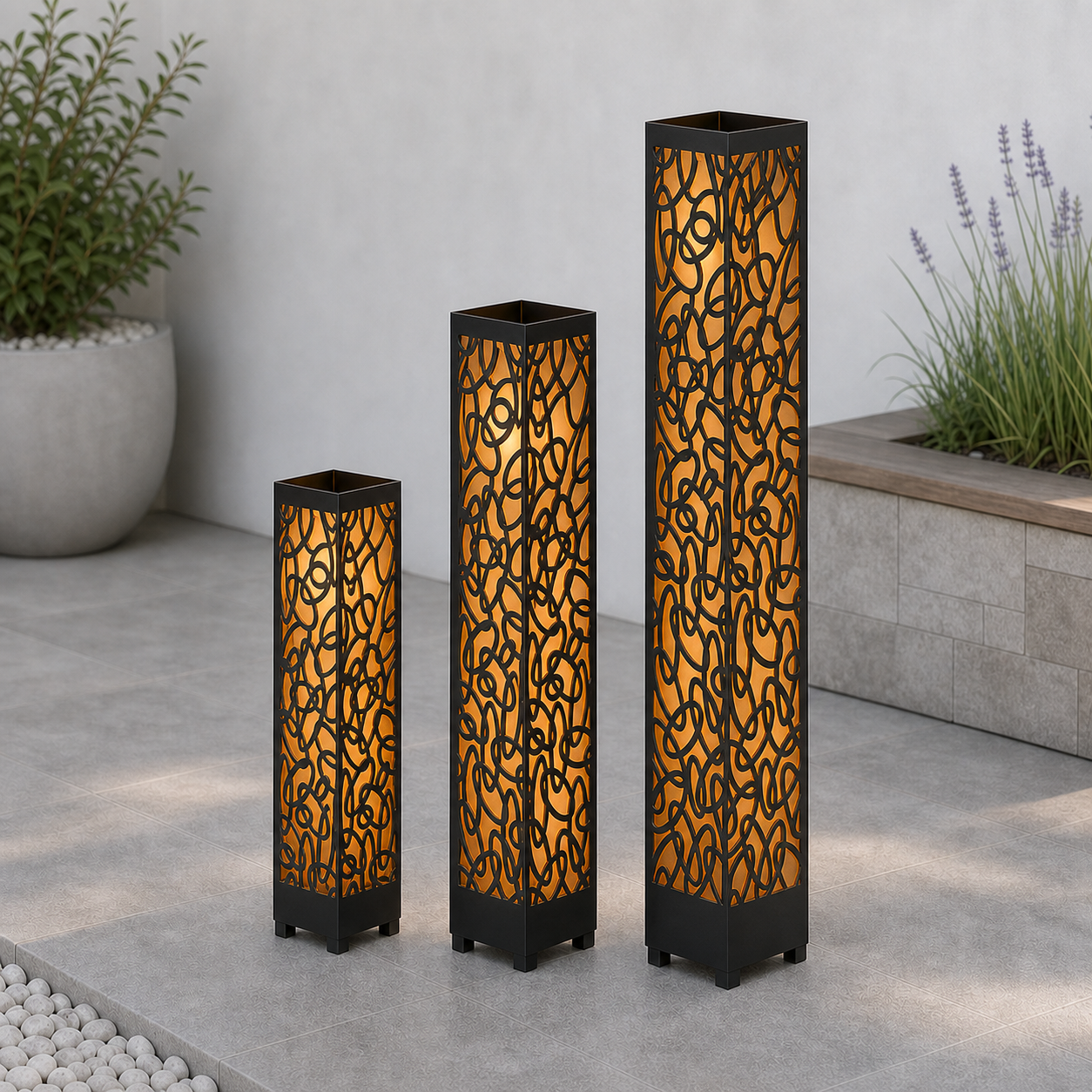 Design 102 laser cut garden light tower three size comparison