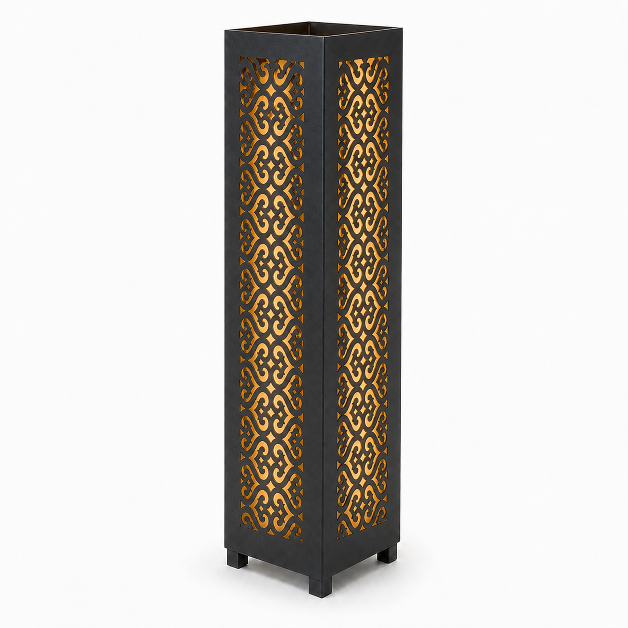 Design 104 black laser cut metal garden light tower with warm LED glow on white background