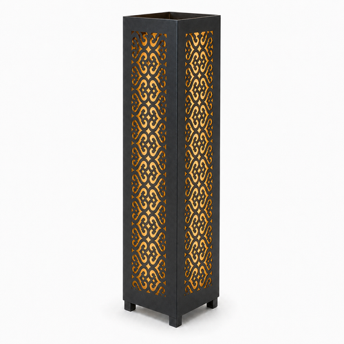 Design 104 black laser cut metal garden light tower with warm LED glow on white background