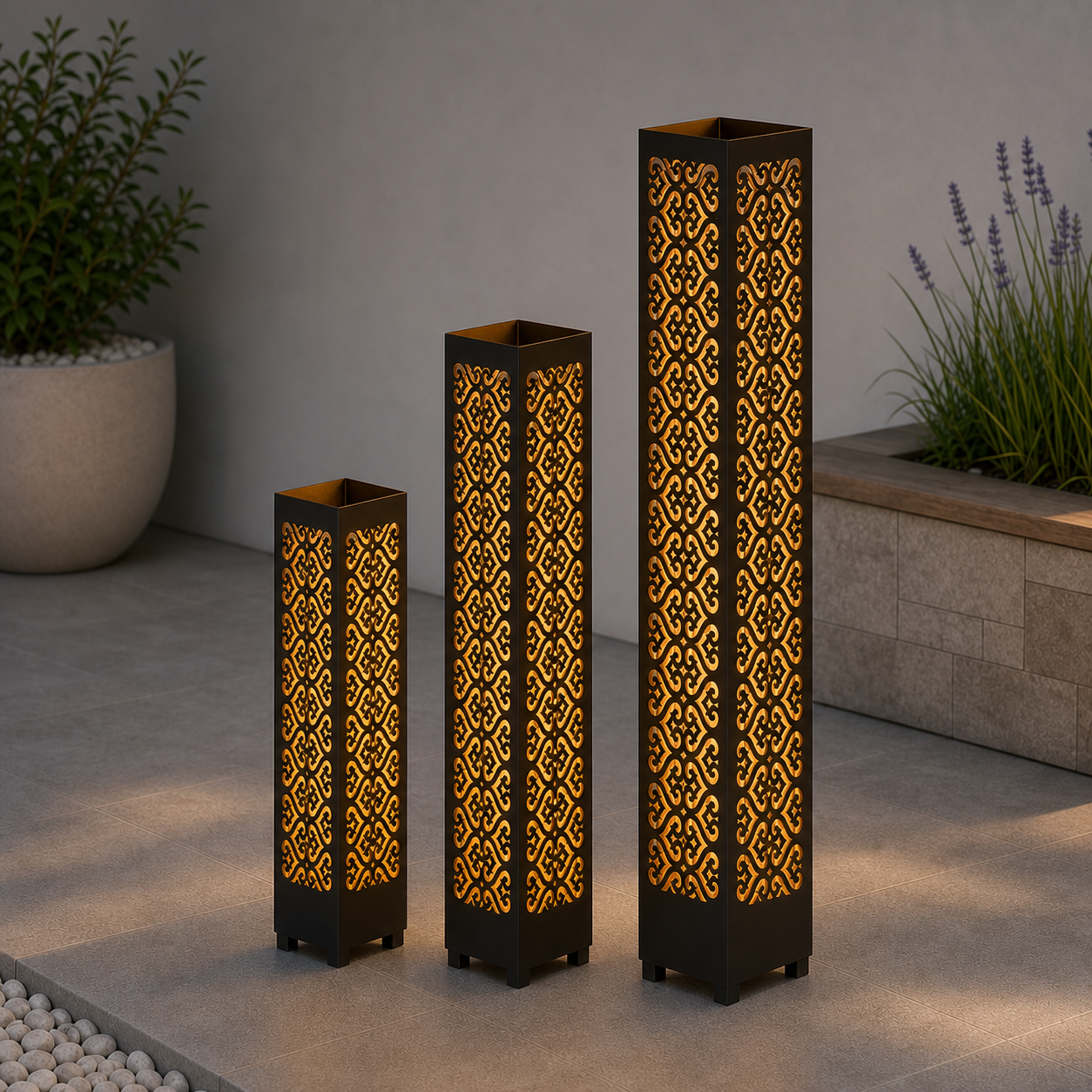 Design 104 laser cut garden light tower three size comparison