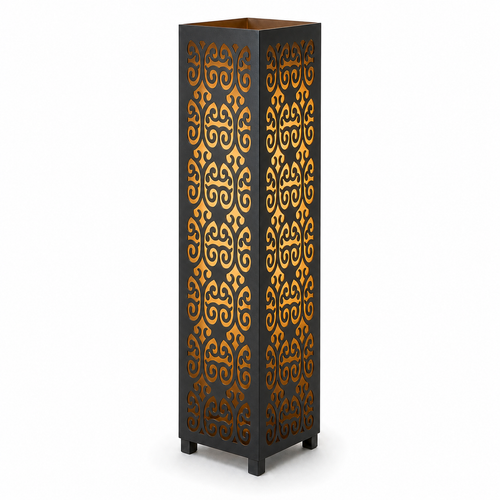 Design 105 black laser cut metal garden light tower with warm LED glow on white background