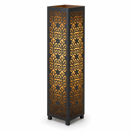 Design 105 black laser cut metal garden light tower with warm LED glow on white background