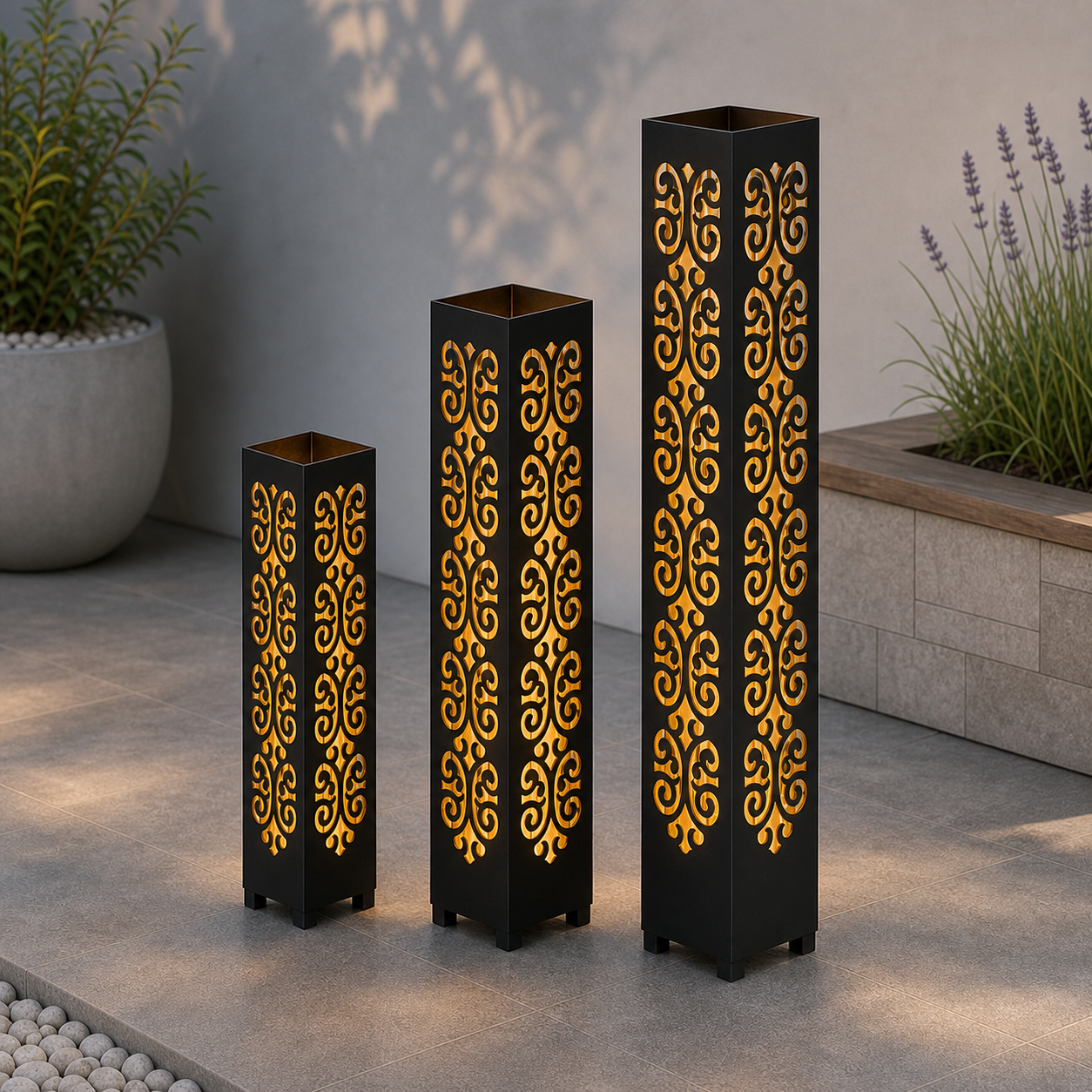 Design 105 laser cut garden light tower three size comparison