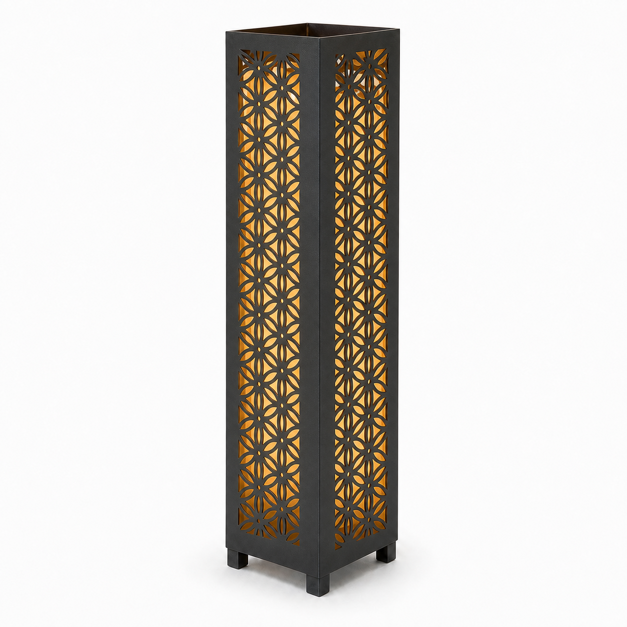 Design 106 black laser cut metal garden light tower with warm LED glow on white background
