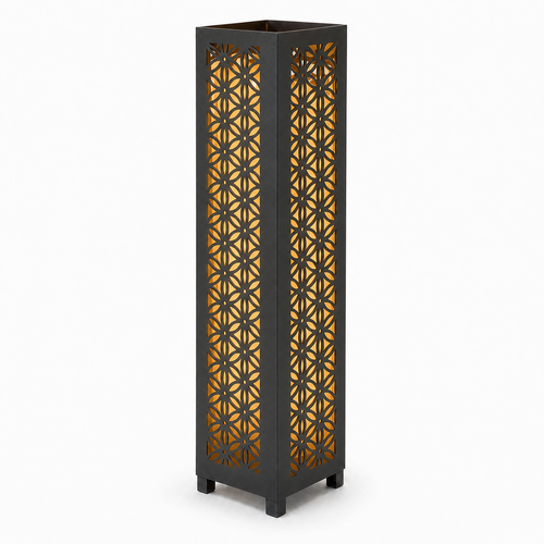Design 106 black laser cut metal garden light tower with warm LED glow on white background