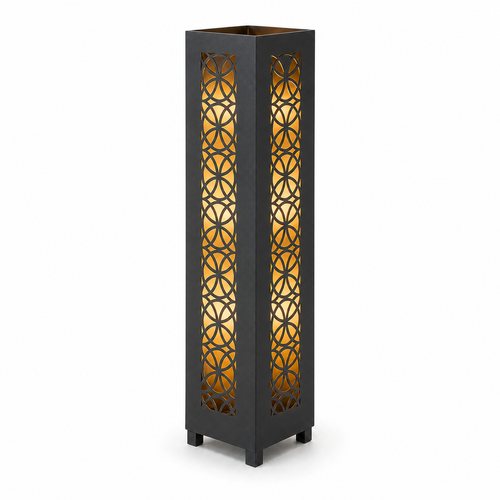 Design 107 black laser cut metal garden light tower with warm LED glow on white background
