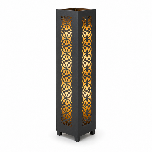 Design 107 black laser cut metal garden light tower with warm LED glow on white background
