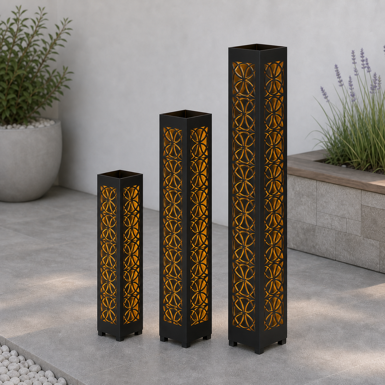 Design 107 laser cut garden light tower three size comparison