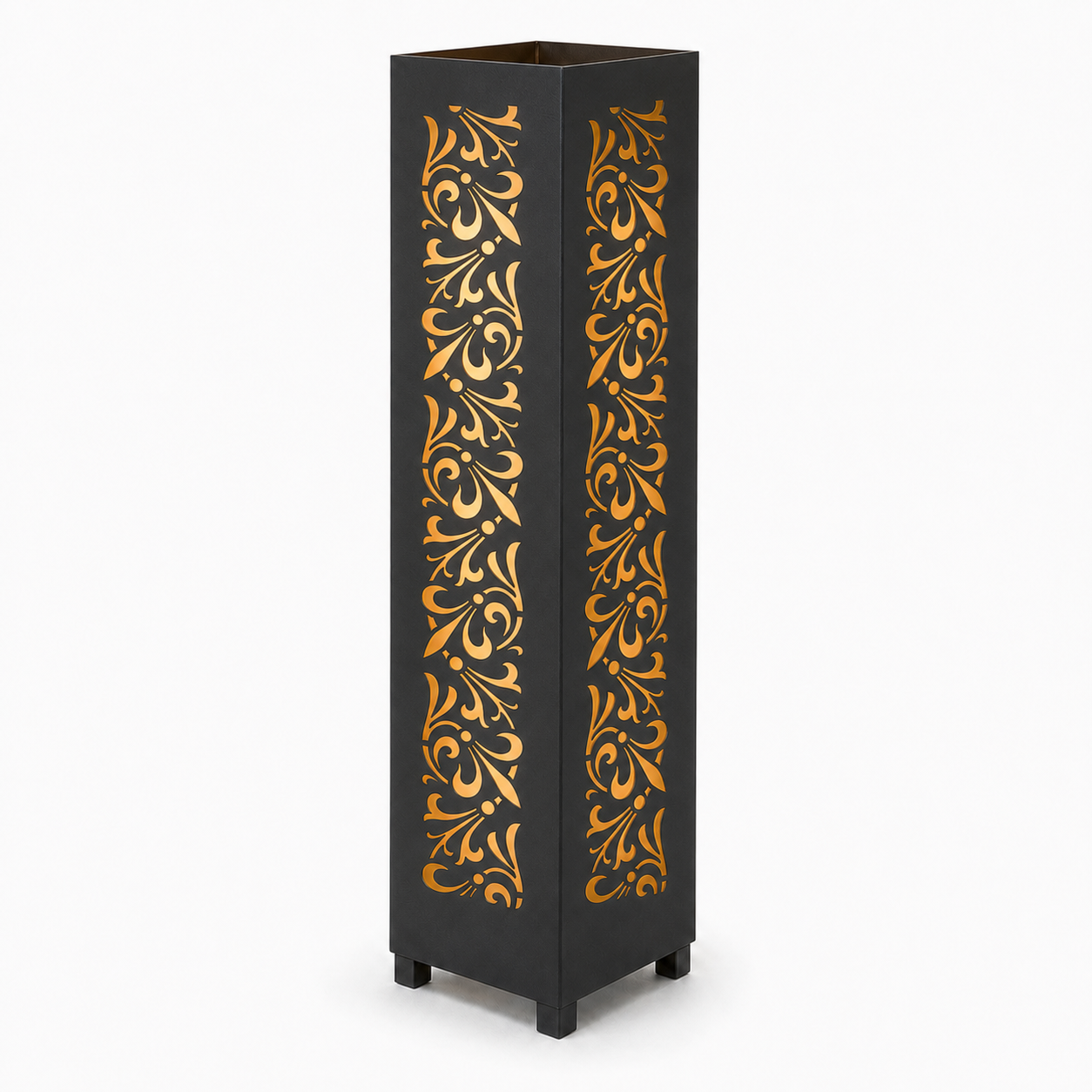 Design 108 black laser cut metal garden light tower with warm LED glow on white background