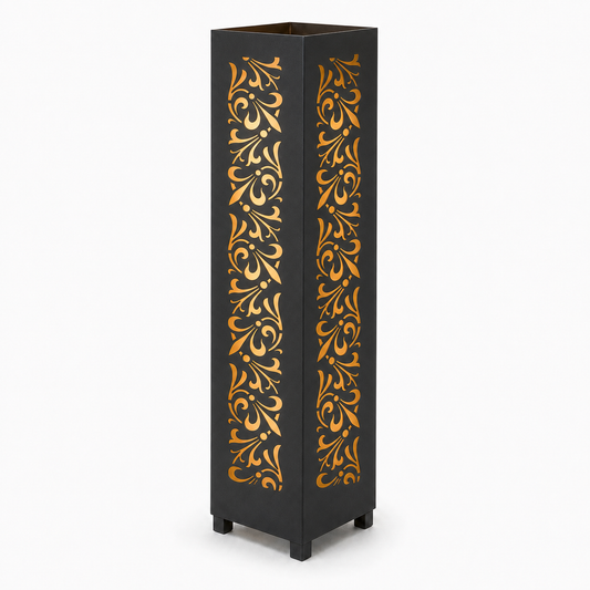 Design 108 black laser cut metal garden light tower with warm LED glow on white background