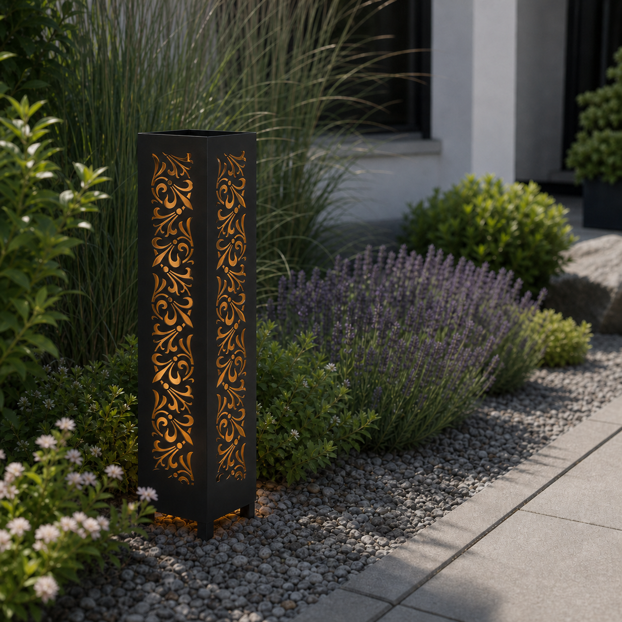 Design 108 laser cut garden light pillar installed in landscaped patio during daytime