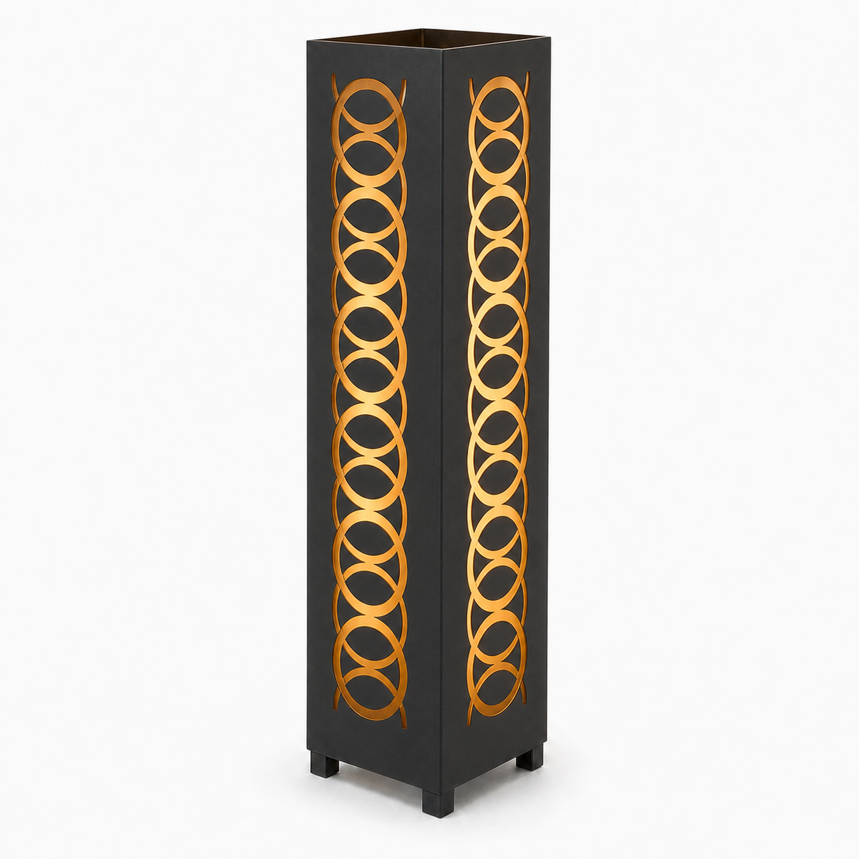 Design 109 black laser cut metal garden light tower with warm LED glow on white background