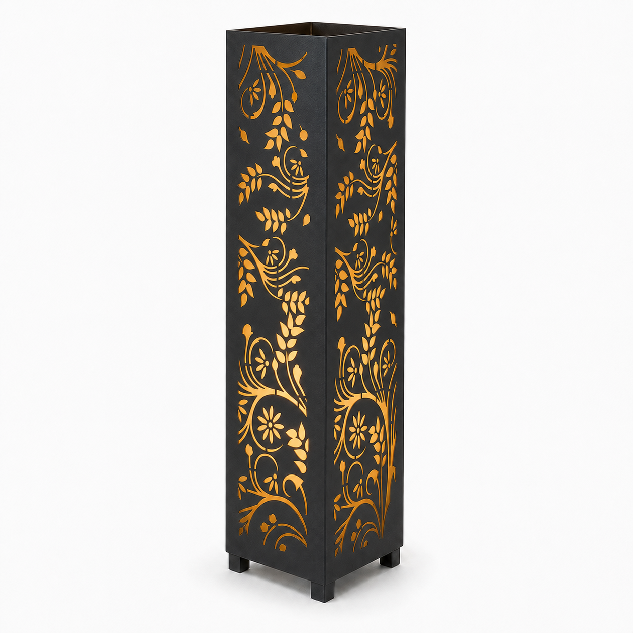 Design 110 black laser cut metal garden light tower with warm LED glow on white background