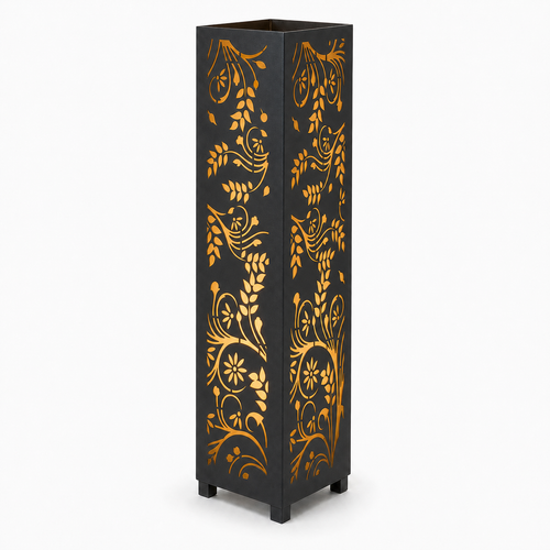 Design 110 black laser cut metal garden light tower with warm LED glow on white background