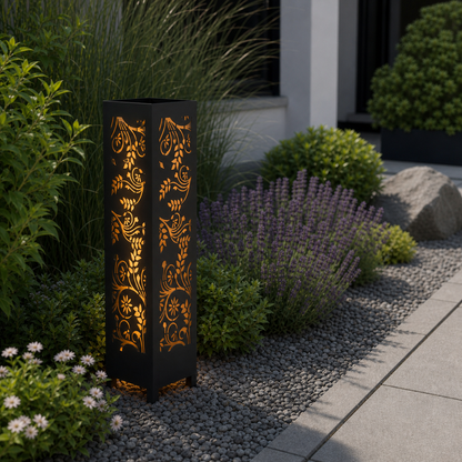 Design 110 laser cut garden light pillar installed in landscaped patio during daytime