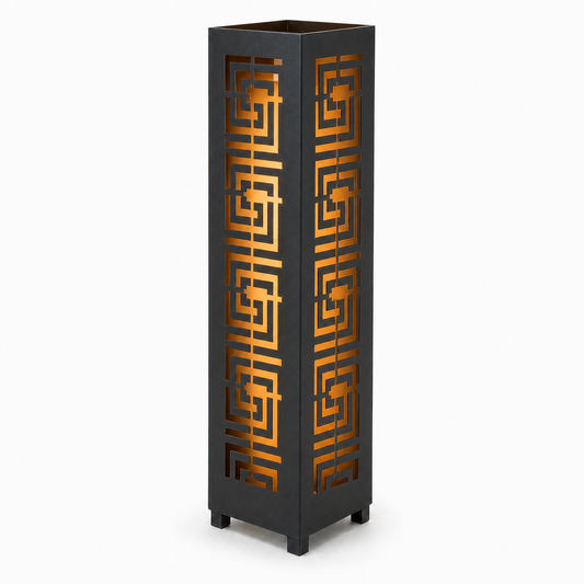 Design 111 black laser cut metal garden light tower with warm LED glow on white background