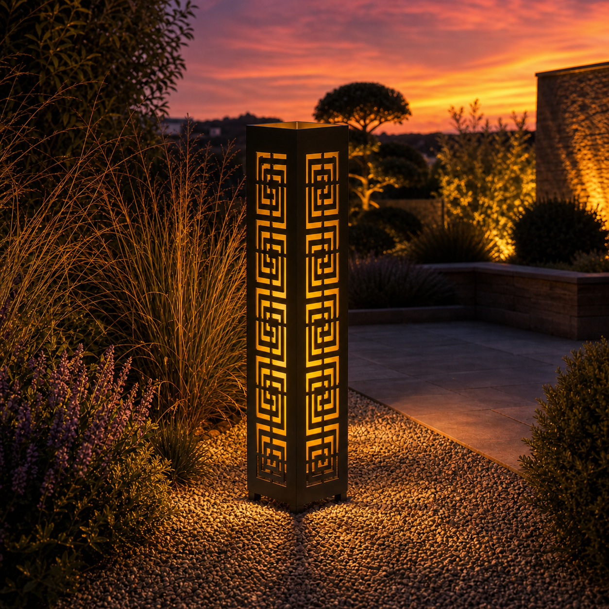 Design 111 outdoor decorative LED light column glowing at dusk in garden setting