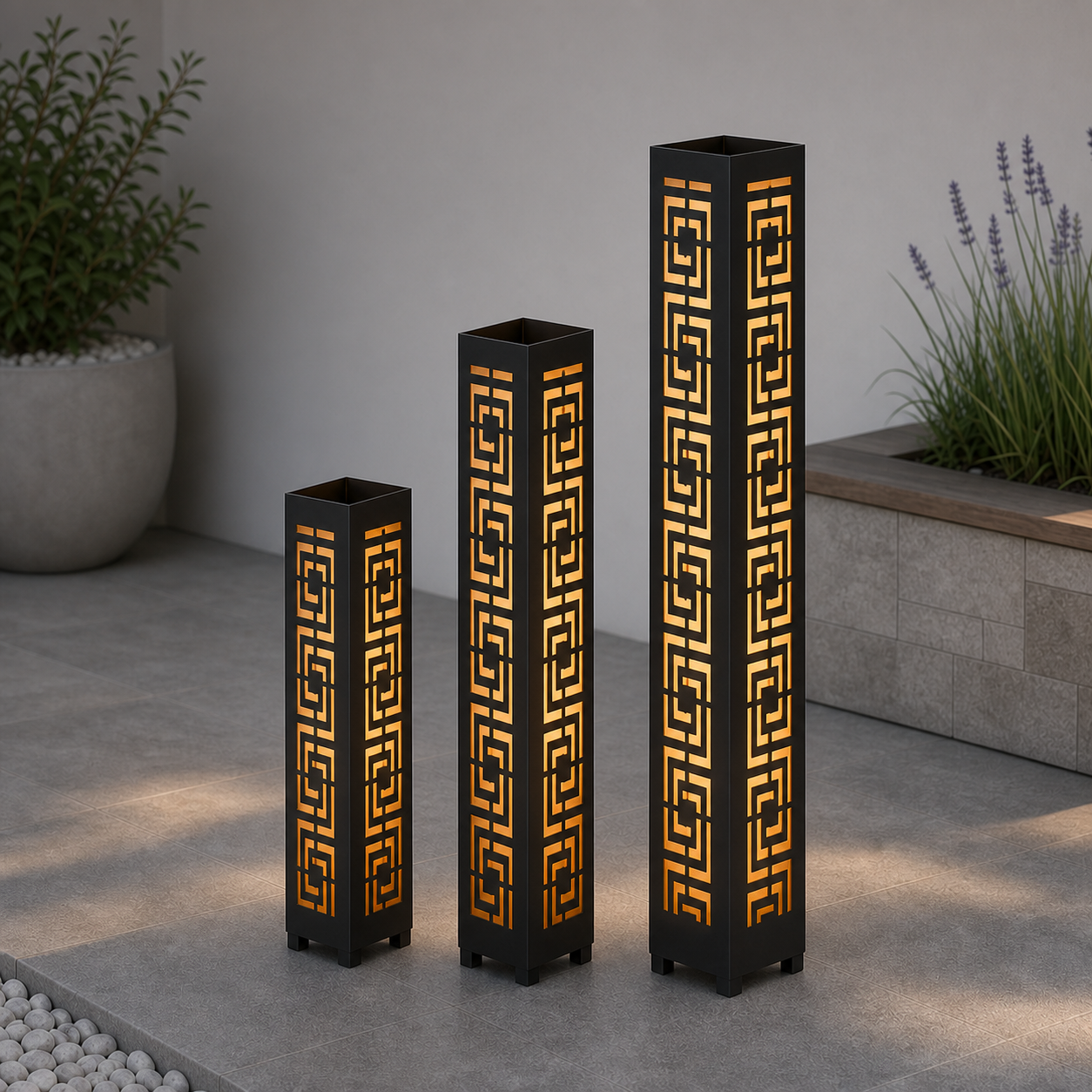 Design 111 laser cut garden light tower three size comparison