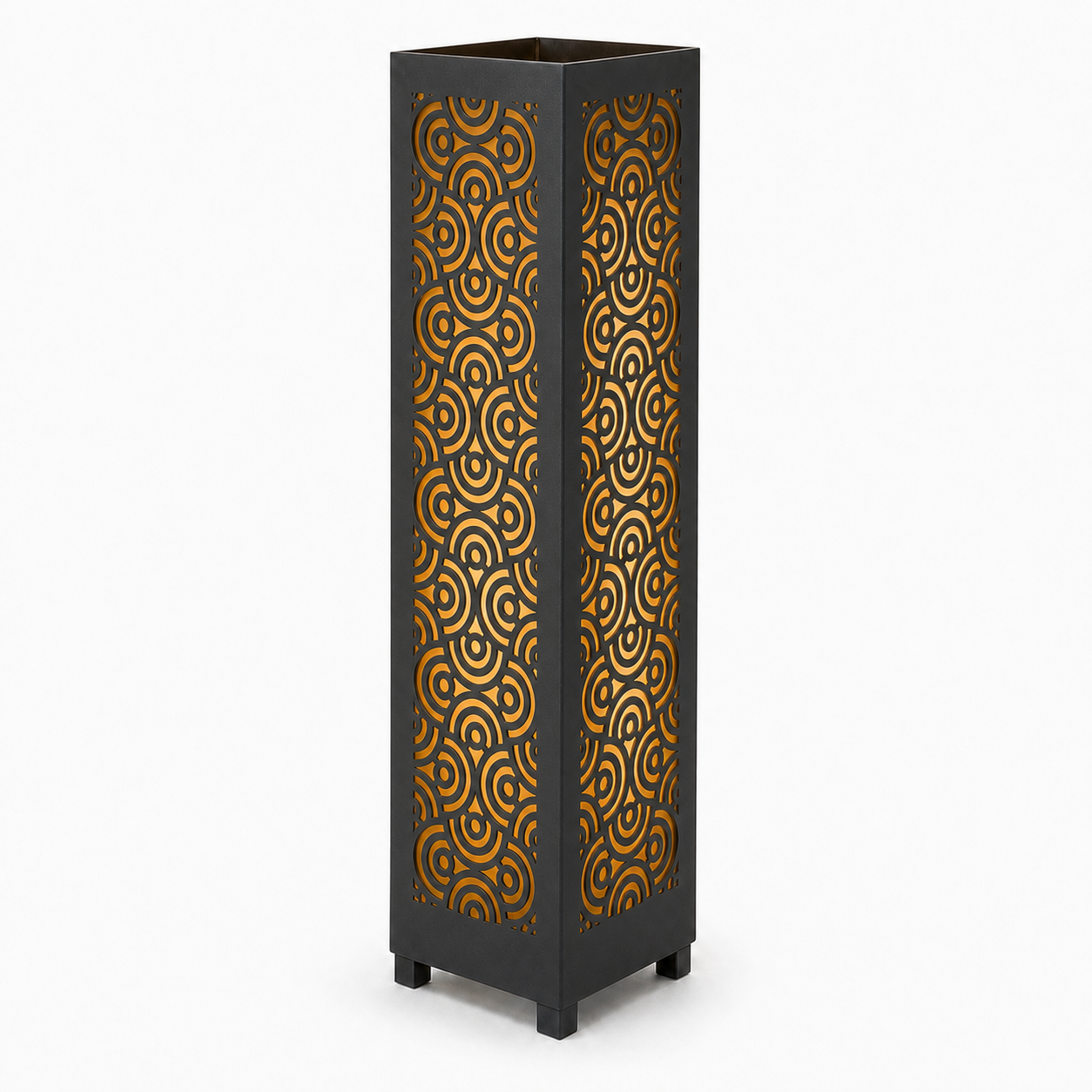 Design 112 black laser cut metal garden light tower with warm LED glow on white background
