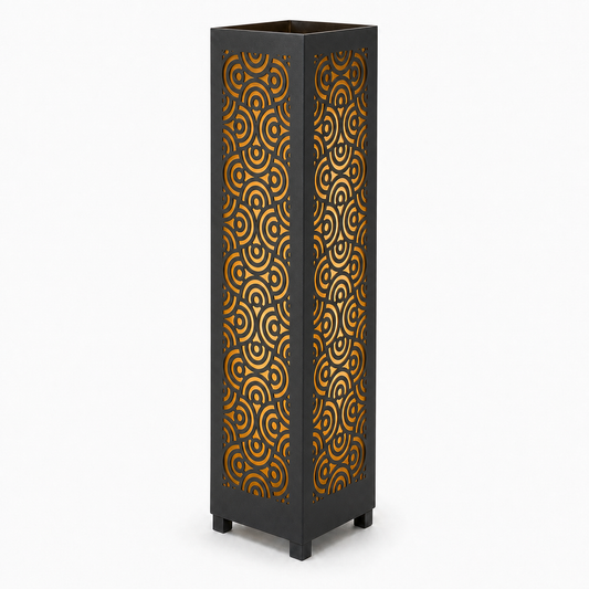 Design 112 black laser cut metal garden light tower with warm LED glow on white background
