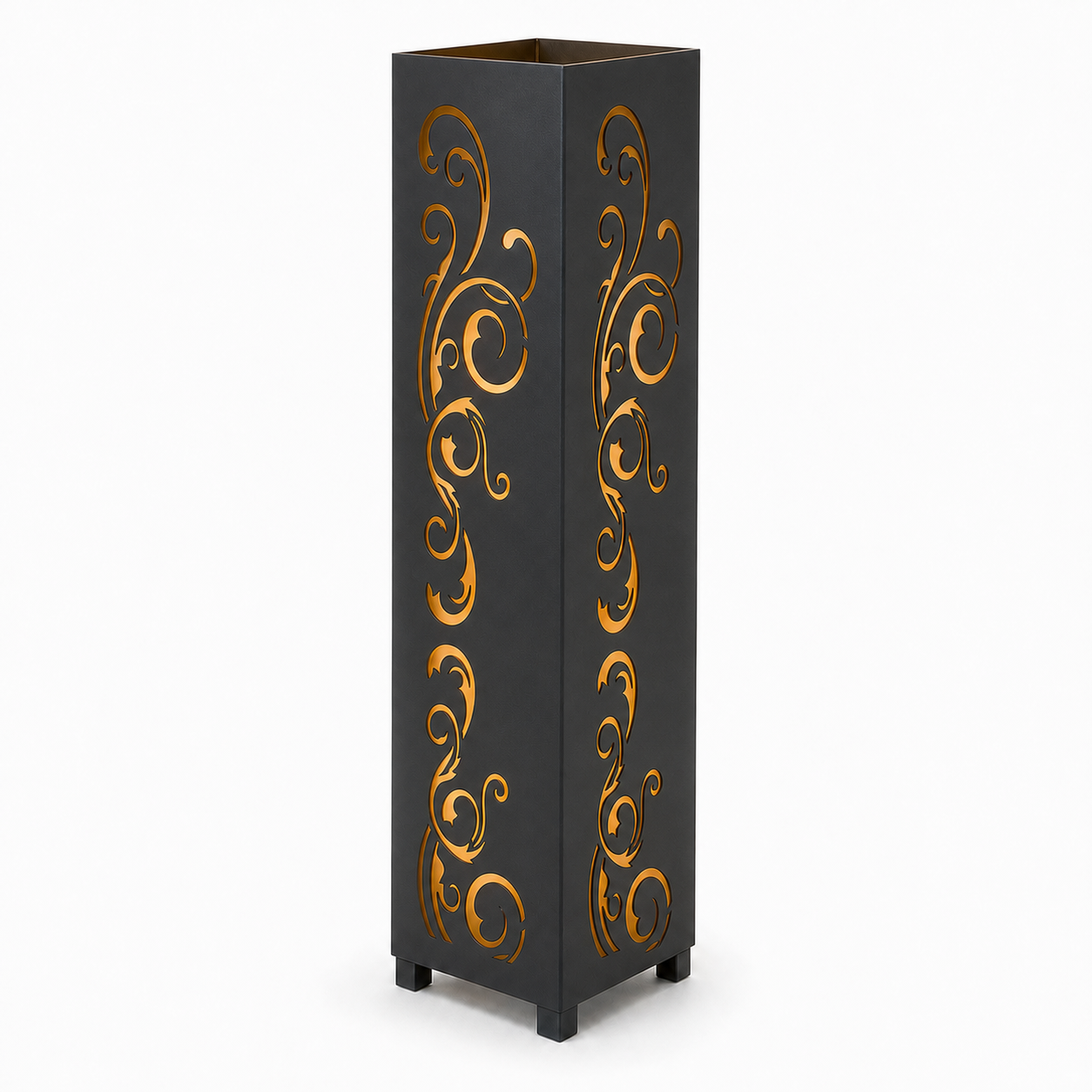 Design 113 black laser cut metal garden light tower with warm LED glow on white background