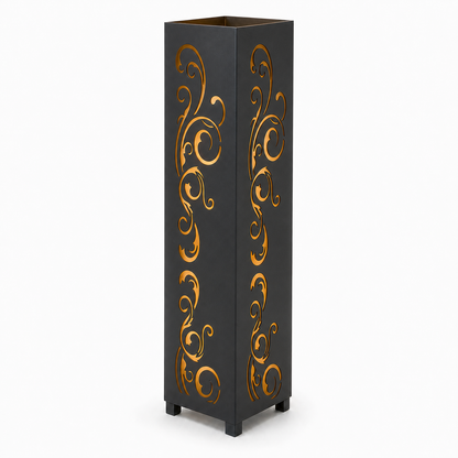 Design 113 black laser cut metal garden light tower with warm LED glow on white background