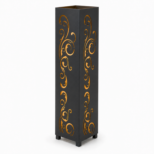 Design 113 black laser cut metal garden light tower with warm LED glow on white background