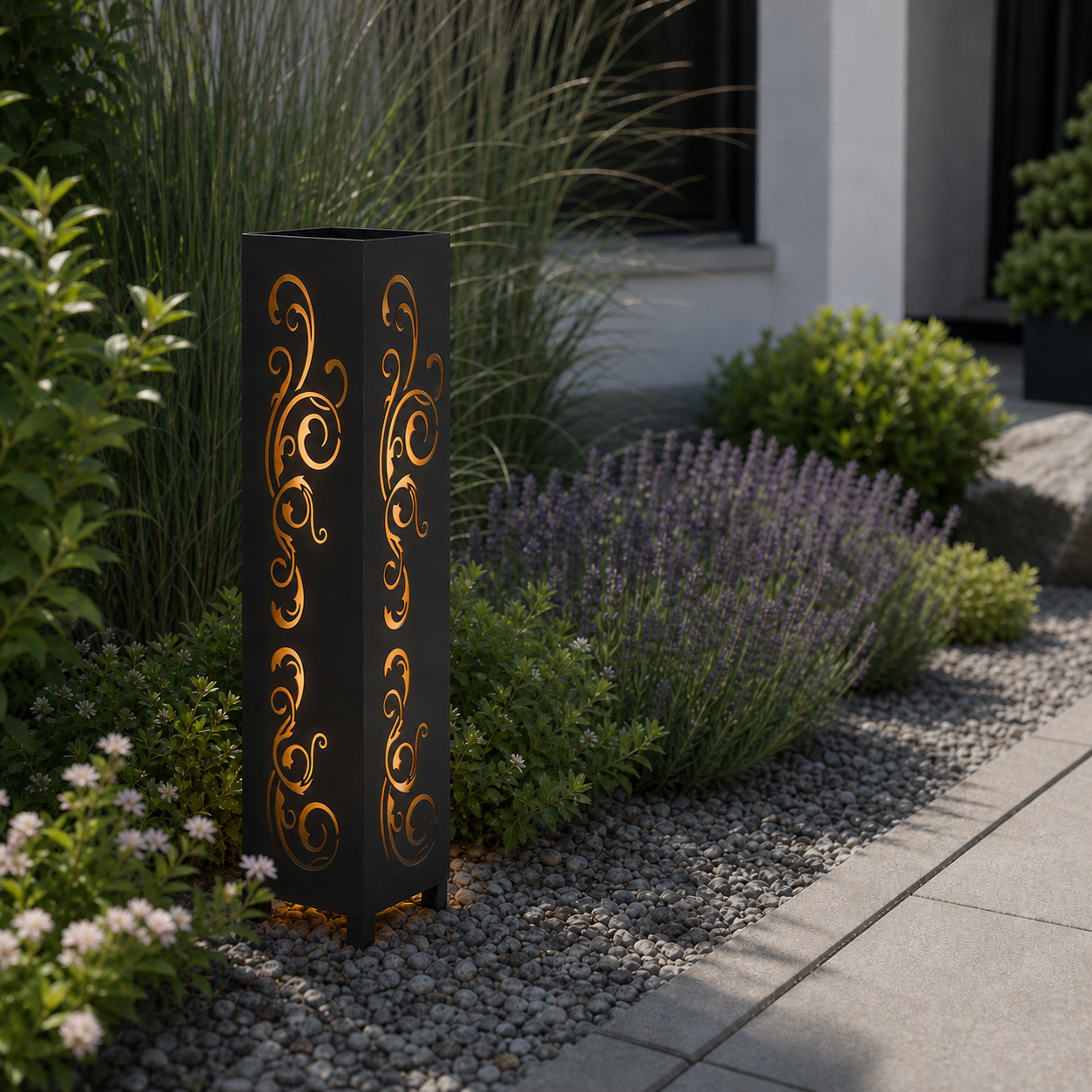 Design 113 laser cut garden light pillar installed in landscaped patio during daytime