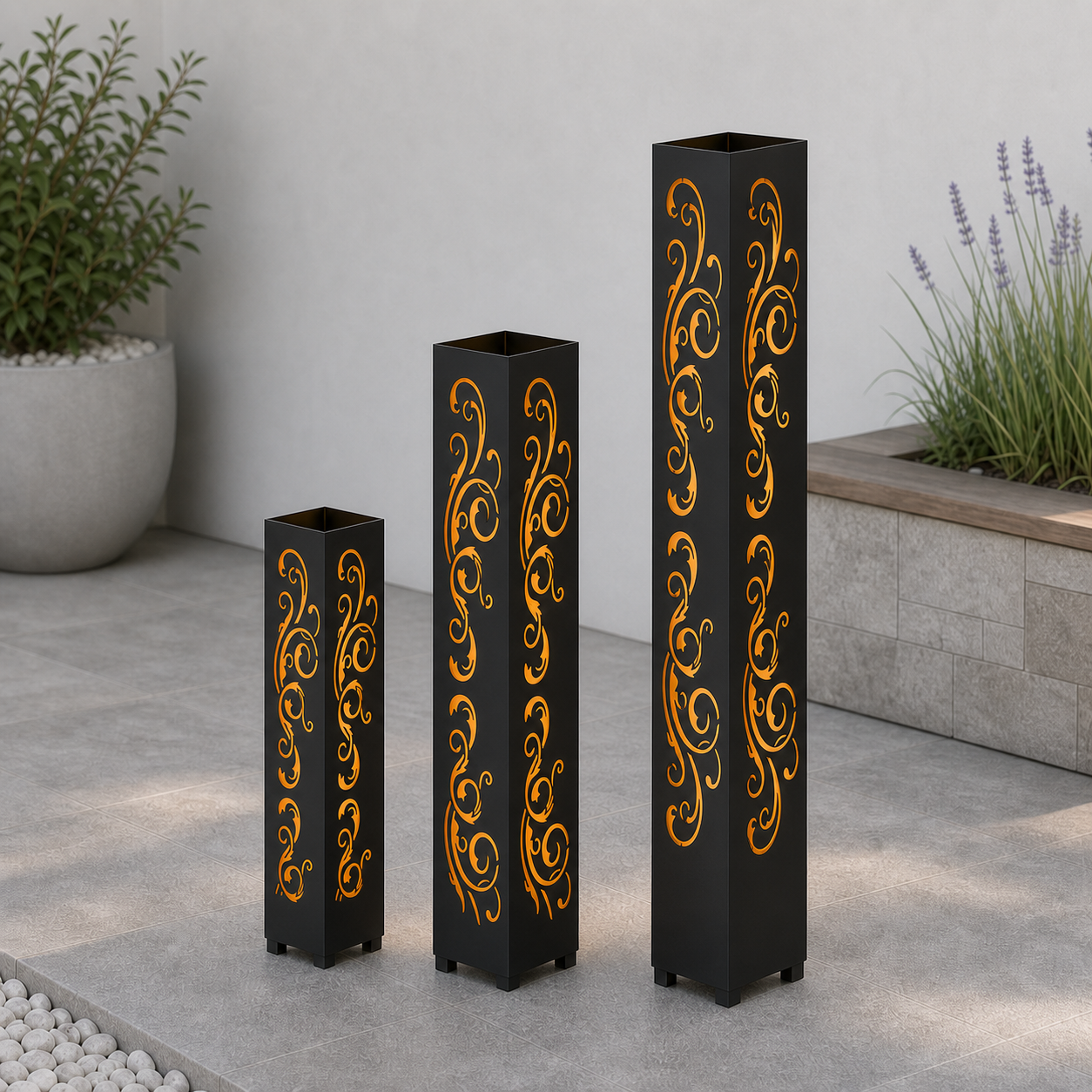 Design 113 laser cut garden light tower three size comparison